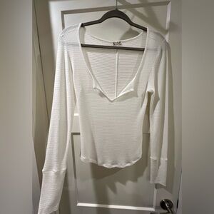 Free People White Waffle Knit Long Sleeve Top